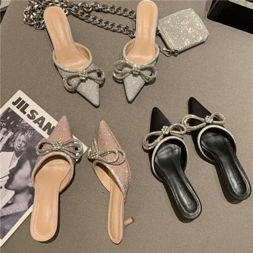 New Rhinestone Bowknot Baotou Sandals and Slippers Pointed Stiletto Outer Wear Temperament High-heeled Single Shoes Womens