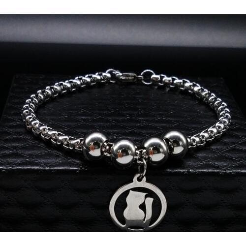 Cat Silver Color Stainless Steel Bead Bracelet Women Round Stainless Steel Bracelet Jewelry acero inoxidable pulsera BB1205B