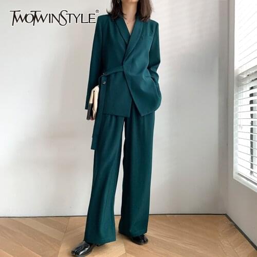 TWOTWINSTYLE Casual Womens Suit Lace Up Bowknot Coat With High Waist Wide-legged Pants Two Piece Set Women Fashion New