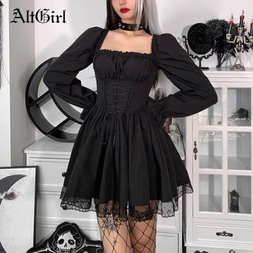 AltGirl Fairy Grunge Gothic Corset Dress Women Aesthetic Sweet Vintage Puff Sleeve Bandage Dress Mall Goth Punk Emo Alt Clubwear
