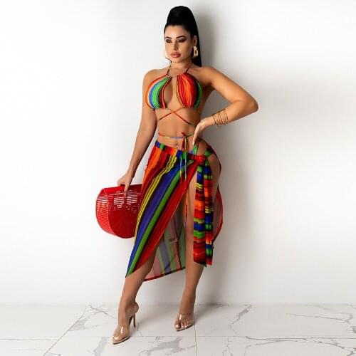 2021 Best Quality Famous Brand 3 pcs Women Set Striped Strapless Short Tops and Shorts Midi Dress Summer Beach Outfits