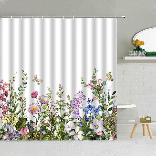 3D Simple Floral Plant Shower Curtain Color Flower Green Leaf Butterfly Fabric Bathroom Decor Supplies Hanging Curtains Washable