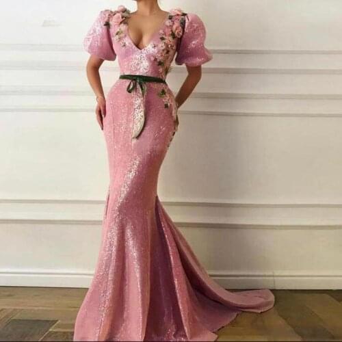 Dubai Arabic Mermaid Prom Dresses 2020 Short Sleeves Handmade Flowers Appliques Robe de soiree Long Evening Dress With Sashes