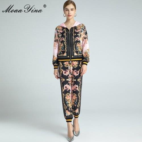 MoaaYina Fashion Designer Set Spring Autumn Womens Long sleeve Zipper Hooded collar Tops+Baroque Print Trousers Two-piece set
