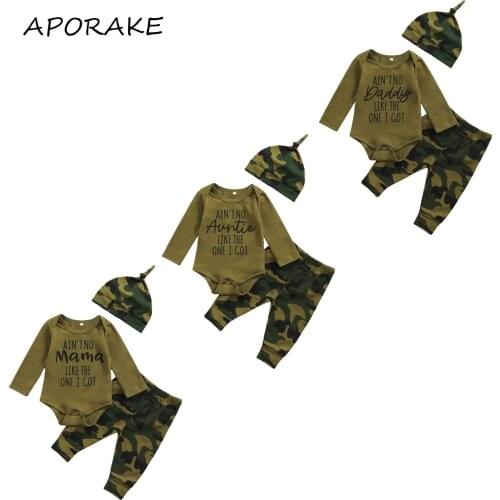 2021 0-18M Newborn Baby Boy Clothes Set Letter Print Long Sleeve Romper+Camouflage Pants+Hat Casual Outfits 3pcs