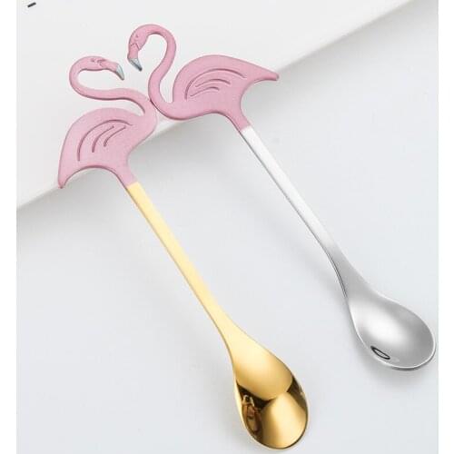 BalleenShiny Creative Flamingo Coffee Stir Spoon Stainless Steel Gold Sliver Cake Jelly Dessert Scoop Cute Lovers Gift Tableware