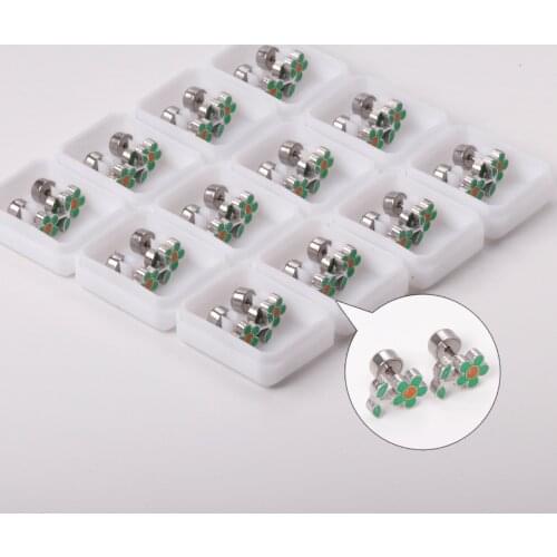 Small Green Flower Pattern Earrings 316L Stainless Steel 12 Pairs/lot Stud Earring for Girl Women Cute Jewelry Gift Accessories