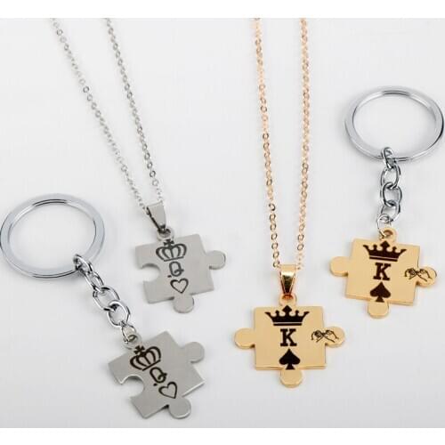 Fashion Crown King Queen Poker Couple Jigsaw puzzle Necklaces Fashion K/Q Letter Jigsaw puzzle lovers Necklaces For Lovers Gift
