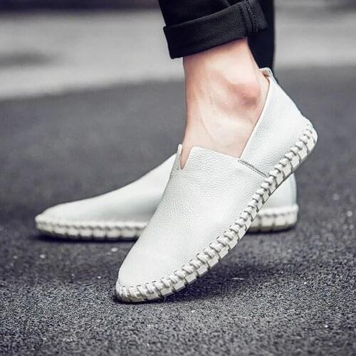 Fashion White Loafers Men Dress Shoes Big Size 14 15 Mens Real leather Moccasin Solid Black Hand-stitched Casual Sneakers Male