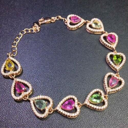 Natural real colorful tourmaline love heart chain bracelet 0.4ct*10pcs 925 sterling silver Fine jewelry For men women Q216223