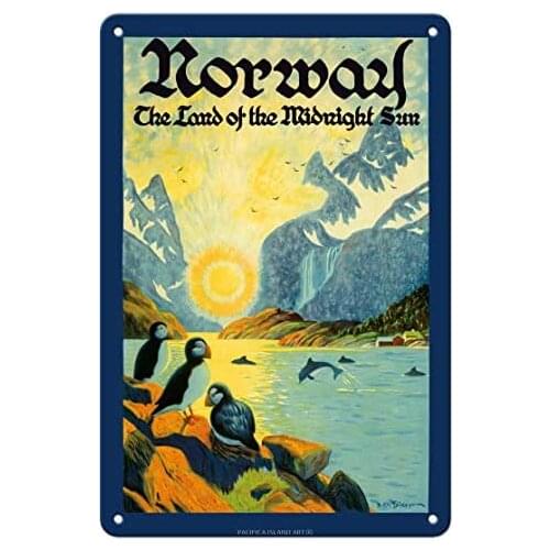 Norway - The Land of The Midnight Sun - Norwegian Fjord with Atlantic Puffins by Ben Blessum c.1930s Metal Tin Sign