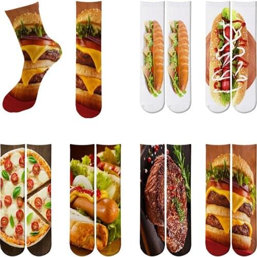 Funny Real Food Print Socks Men Women Fashion Hamburger Hot dog Pizzas Steak Pattern Long Personalized Sock