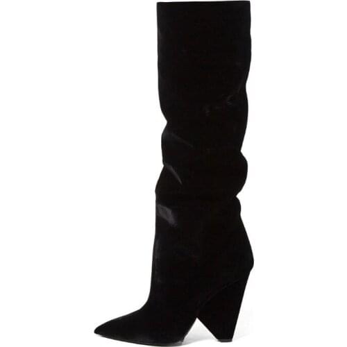 New Designer Black Suede Womens Cowboy Boots Pointed Toe Cone Heels Womens Thigh High Boots Fashion Knee High Winter Boots