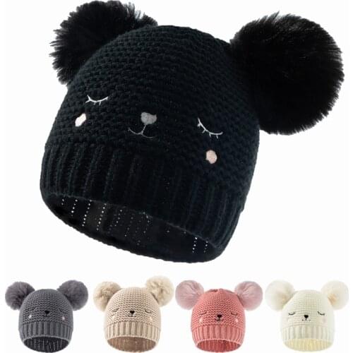 Autumn Winter Embroidery Double Pompoms Baby Toddler Hat 0-3 ages Boy Girl Beanie Caps Knitted Warm Kids Solid Color Bonnet Hat