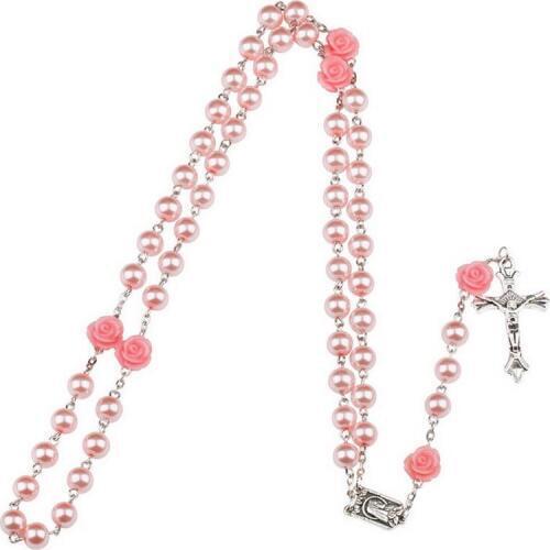 2pcs Trendy 8mm Glass Imitation Pearl Bead Holy Rosaries Necklace With Rose Flower Silver Cross Lourdes Center Rosary Jewelry