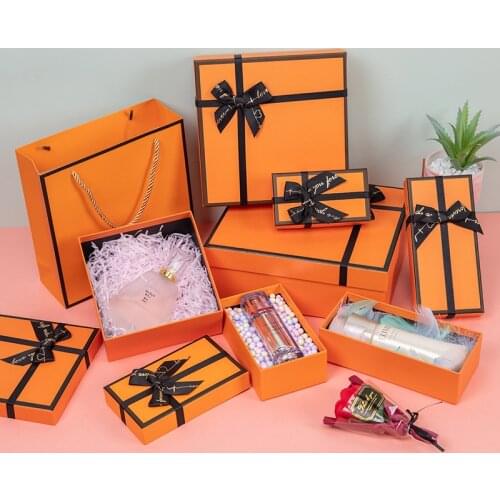 Gift Box & Bag Pack - Orange Gift Boxes and Bags Pack, with Lid and Shredded Paper Filler for Wedding, Birthday, Christmas