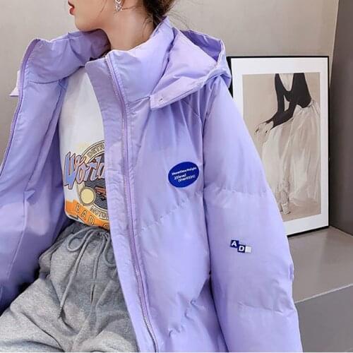 Women Candy Colors Winter Hooded Puffer Jacket Female Loose Long Sleeve Coat Harajuku Warm Oversize Parkas Purple White Pink