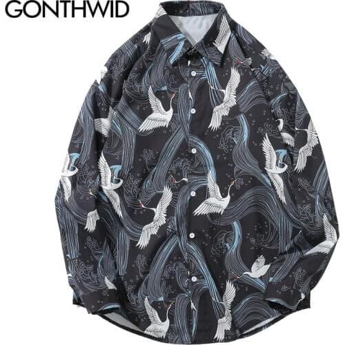 GONTHWID Japanese Flying Crane Printed Long Sleeve Shirts Mens Harajuku Style Hawaiian Shirts Male Casual Shirts Streetwear