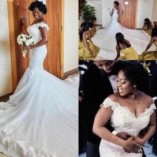Vintage Lace African Mermaid Wedding Dresses Off the Shoulder Plus Size Designe Bridal Gowns With Long Court Train Custom Made