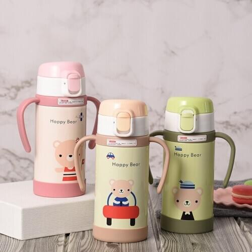 Bear Pattern 320ml Vacuum Flasks 304 Stainless steel Babys Straw Thermos Water Bottle Portable Handle Thermals Cups For Kids