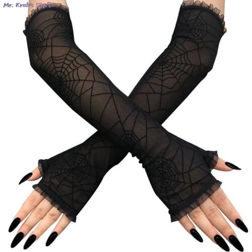 Womens Half Finger Spider Web Pattern Gloves For Halloween DecorationProps Cosplay Performance Gloves