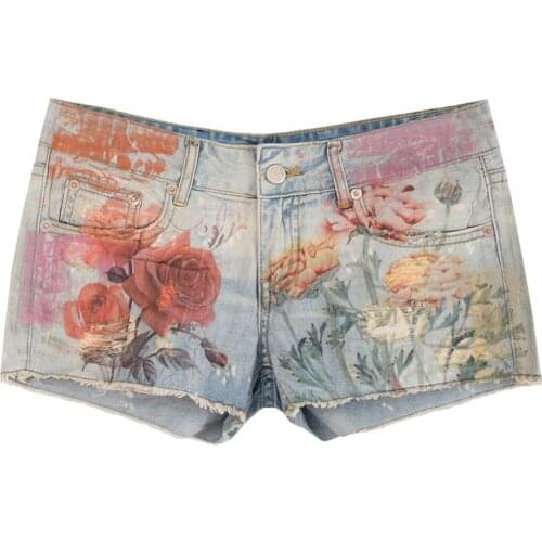 Summer 2019 New Arrival Womens Printed Flower Low Waisted Ripped Denim Shorts , Women Casual Wide Leg Jeans Hot Shorts