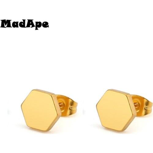 MadApe Stainless Steel Simple Fashion Hexagonal Earrings Women Anti Allergic Earrings Wholesale Female Stud Earrings