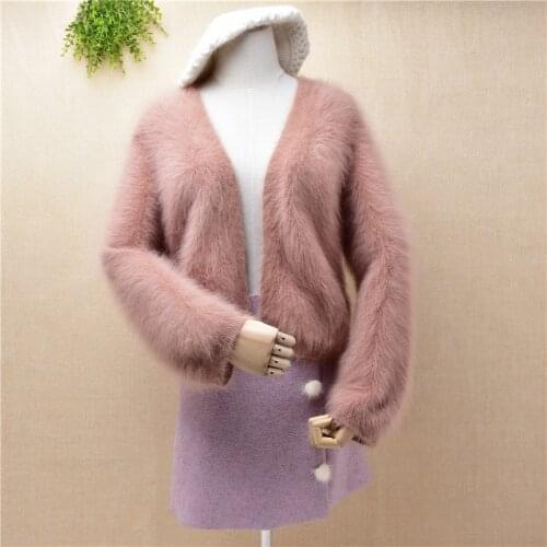Ladies women short style crop top mink cashmere knitted loose cardigans mantle angora rabbit fur winter jacket coat sweater pull