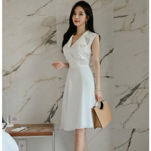 2019 Summer New Office Lady OL Temperament Notched Dress Women Elegant White Slim Sleeveless Korean Style Short Sexy Dress