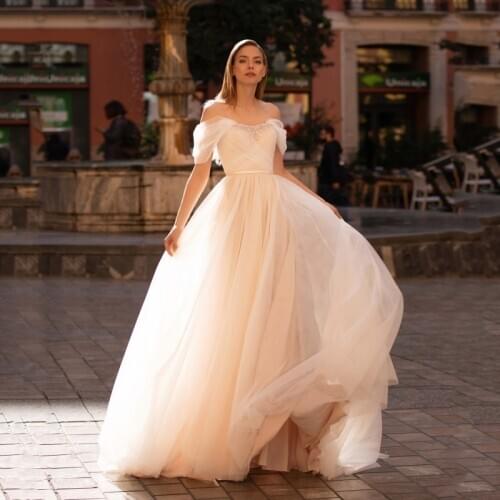 Thinyfull Elegant Wedding Dresses A Line Boat Neck Off The Shoulder Bride Dresses Tulle Lace Appliques Vestidos de novia 2020