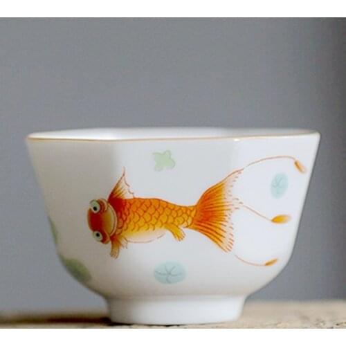 2PCs Small Goldfish Chinese Tea Set Octagon White Porcelain Teacup Kung Fu Tea Cups