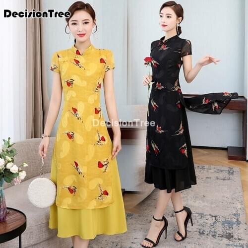 2021 ao dai cheongsam folk style vietnam chiffon aodai graceful stand collar elegant women chinese traditional dress party dress