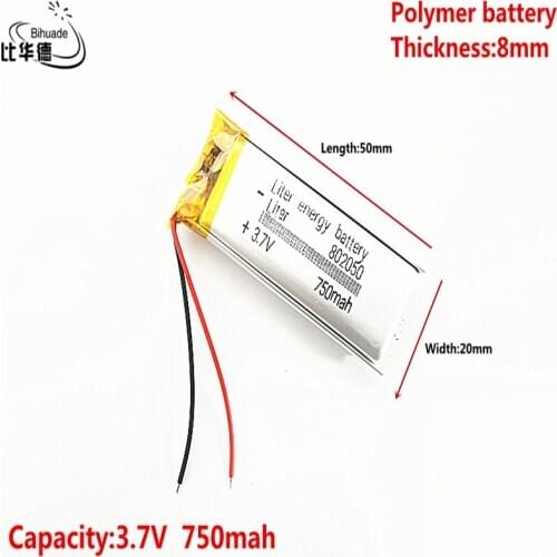 3.7V 750mAh 802050 Lithium Polymer Li-Po li ion Rechargeable Battery cells For Mp3 MP4 MP5 GPS mobile bluetooth