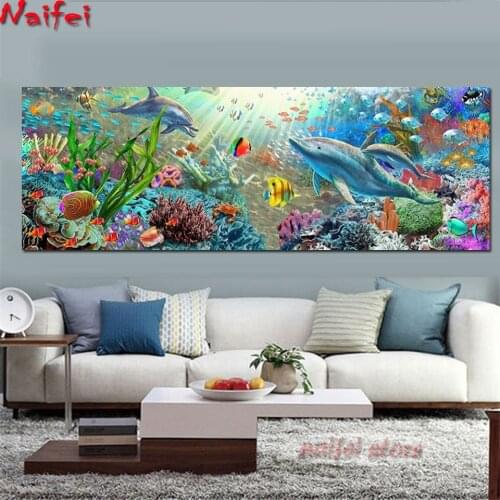 Large Size 5D DIY Diamond Painting Full Square/Round Drill "Sea dolphin fish" 3D Embroidery Cross Stitch 5D Decor Gift