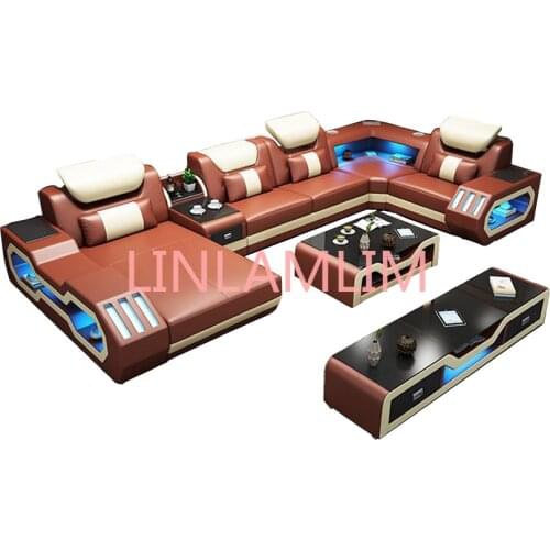 Living room Sofa functional genuine leather couch Nordic modern corner U shape speaker sound system RGB LED light+ bluetooth див