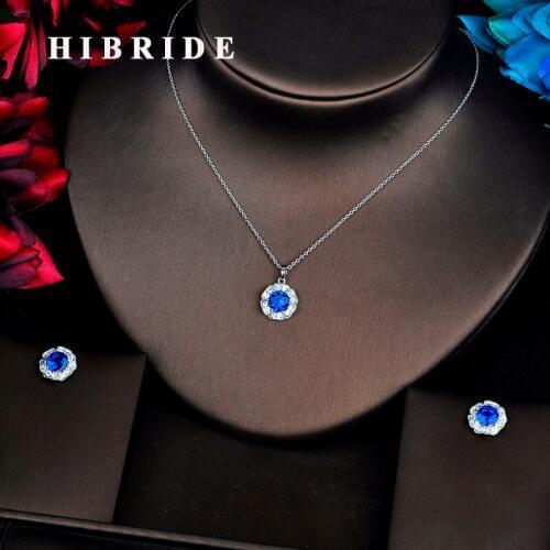 HIBRIDE Trendy Flower Pendant Blue Cubic Zircon Wedding Women Bridal Jewelry Sets Link Necklace Sets Dress Accessories N-539