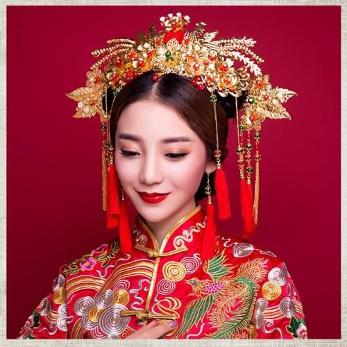 JaneVini Chinese Red Gold Phoenix Crown Bride Hairpins Step Shake Set Earrings Headband Wedding Jewelry Bruids Haaraccessoires