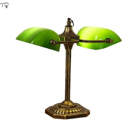 Chinese Vintage Retro Bank Desk Lights Green Glass Lampshade Double Head Home Decor Study Reading Table Lamps Bedroom Bedside