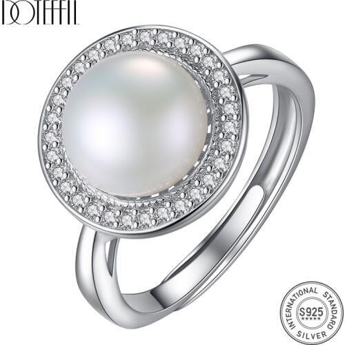 DOTEFFIL 100% 925 Silver Zircon Ring Resizable Natural Freshwater Pearls Ring Disc Jewelry Women Wedding/Party/Christmas Gift