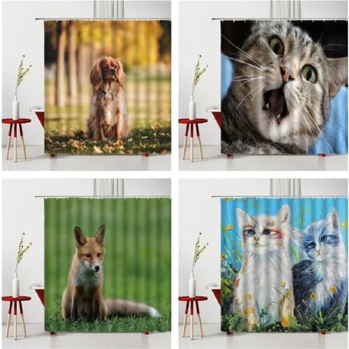 Animal Shower Curtain Set Lovely Pet Cat Dog Bathroom Accessories Waterproof Polyester Fabric Bathtub Decor With Hooks