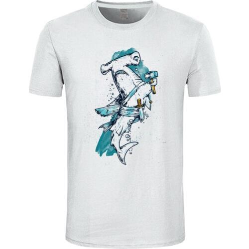 Novelty T Shirts Discount Crewneck Mens T-shirts Hammer Shark All Cotton Student Group Tees Short Sleeve TShirt Sea Life Comics