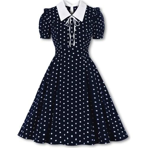 Turn-down Collar Tie Front Polka Dot Vintage Robe Women Green 50s Pin Up Dress Short Sleeve Elegant Summer Pleated Dress
