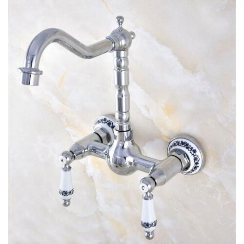 Polished Chrome Brass Wall Mounted Bathroom Kitchen Sink Faucet Swivel Spout Mixer Tap Dual Ceramics Handles Levers mnf569