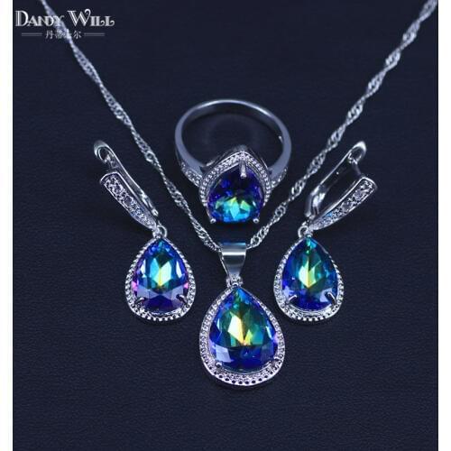 Natural Mystic Rainbow Cubic Zirconia Silver Color Costume Jewelry Set For Women Wedding Earrings/Pendant/Necklace/Rings