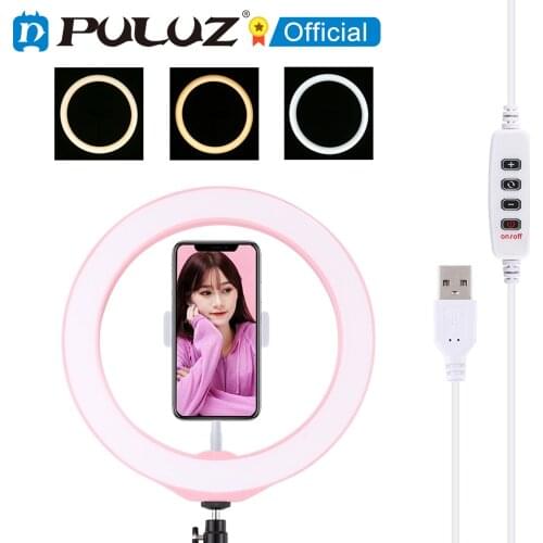 PULUZ 10 inch USB 3 Modes Dimmable LED Ring Vlogging Selfie Photography Video Lights & Cold Shoe Tripod Ball Head & Phone Clamp