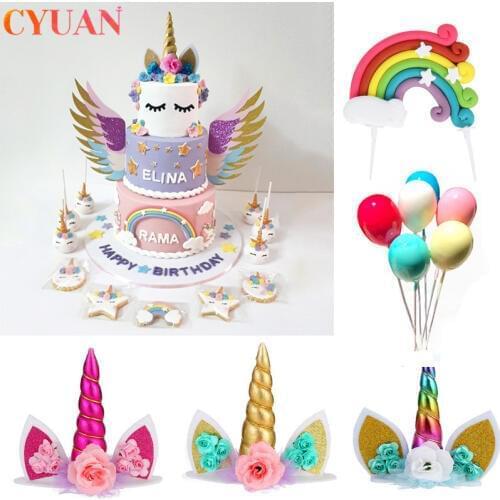 Unicorn Horn Cake Topper Kids Birthday Party Decor Rainbow Balloon Cupcake Toppers Baby Shower Wedding Cake Decorations