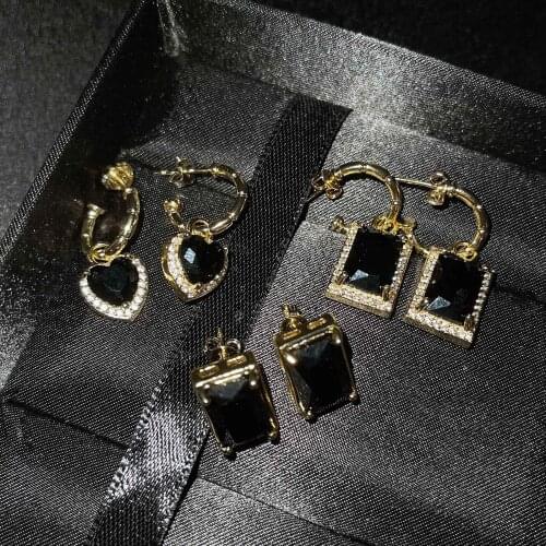 QTT Luxury 18K Gold Earrings For women Heart Square Black AAA Zircon Dangle Earrings Ear Studs Womens Wedding Jewelry