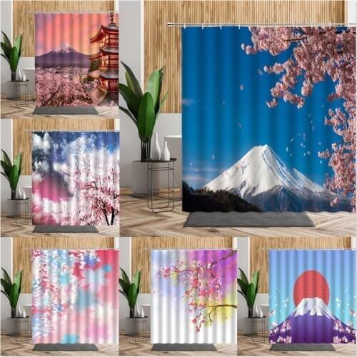 Japanese Scenery Shower Curtain Fuji Sakura Cherry Blossom Flower Bathroom Curtains Set Waterproof Printed Cloth Home Bath Decor