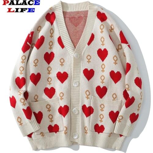 2021 Hip Hop Streetwear Knitted Sweater Men Women Heart Pattern Harajuku Sweater Oversize Vintage Loose Cardigan Sweater Black