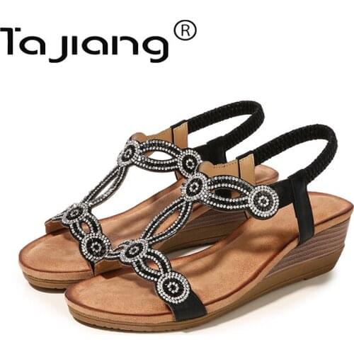 Ta Jiang New bohemian style rhinestone hollow wedge ladies sandals retro roman shoes summer female gladiator sandals T730-7